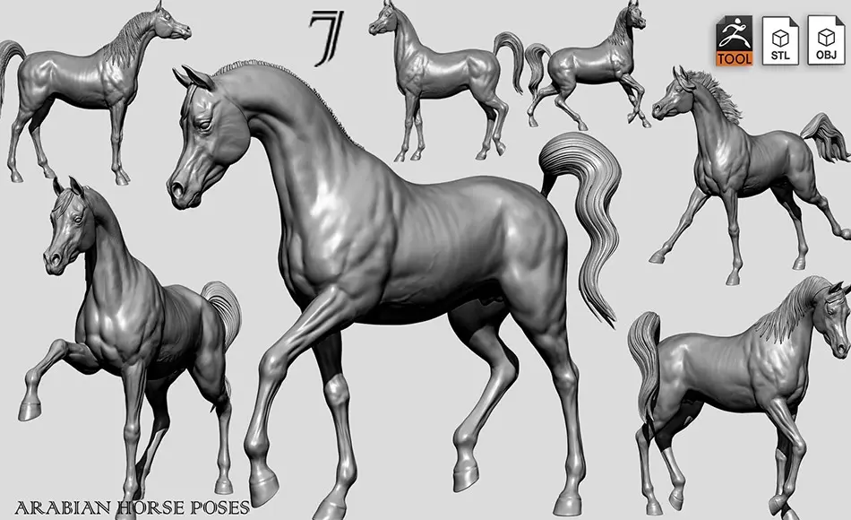 模型资产 – 写实马匹动态姿势模型 7-Arabian Horse Poses – 3D Models- ZTL+OBJ+STL
