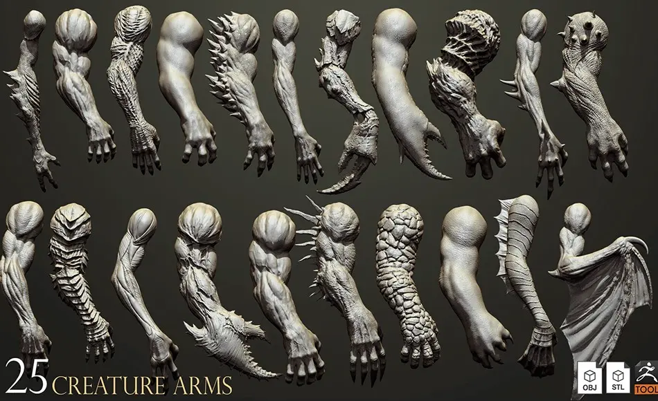 模型资产 – 25 组生物手臂模型 25 Creature arms 3D model ZTL+OBJ+STL