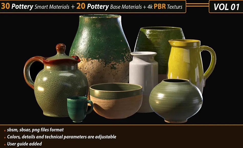 30种陶器智能材质 + 20种陶器基础材质 + 4K PBR纹理 30 Pottery Smart material + 20 Pottery Base Material + 4k PBR Textures _Vol01
