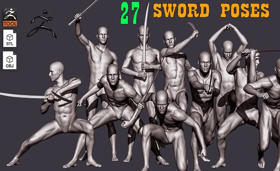 模型资产 – 27 组男性剑士全身姿势 27 Sword Male full body poses ZTL+OBJ+STL