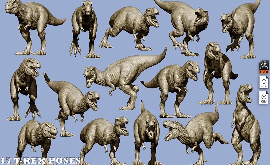 模型资产 – 霸王龙姿势模型 17 poses of a Tyrannosaurus rex (T-REX) ZTL+OBJ+STL