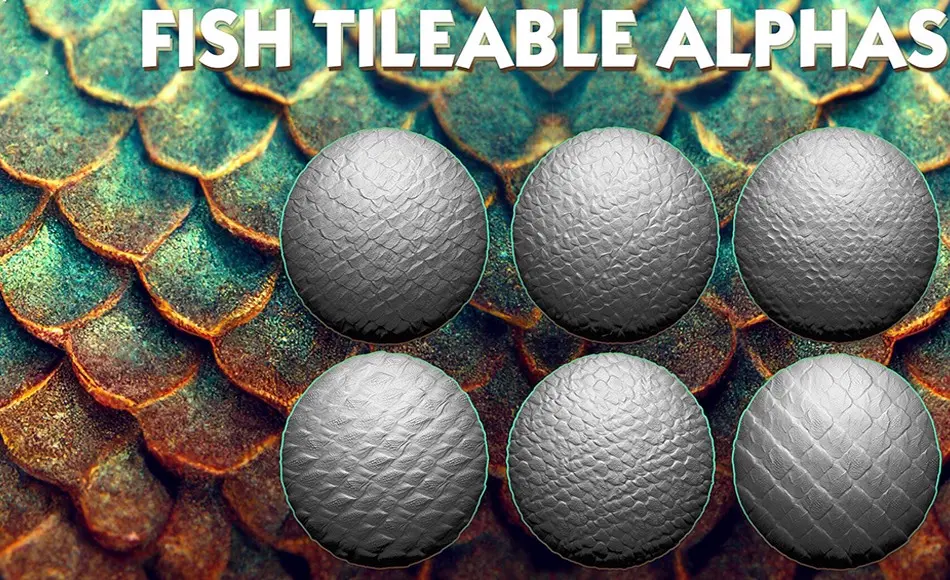 25 款鳞片皮肤贴图 25 Fish, Dragon Skin Alphas for ZBrush (Tileable)