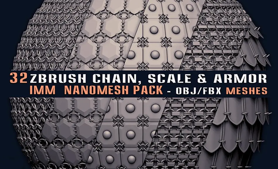Zbrush笔刷 – 链鳞盔甲笔刷 32 ZBrush Chain-Scale-Armor IMM NanoMesh Pack-Vol01