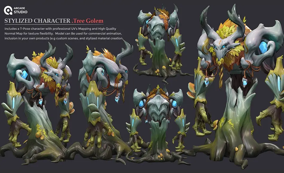 模型资产 – 风格化大树怪物角色 ArcadeStudio character Tree Golem | T-Pose | Textures Included | Updates : Textures