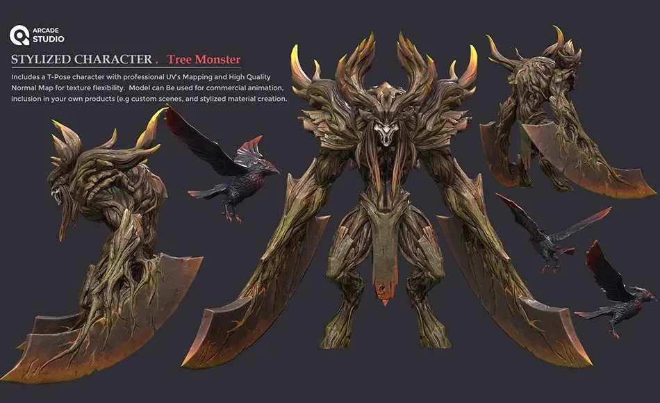 模型资产 – 风格化树怪角色 ArcadeStudio character Tree Monster | T-Pose | Textures Included | Updates : Textures