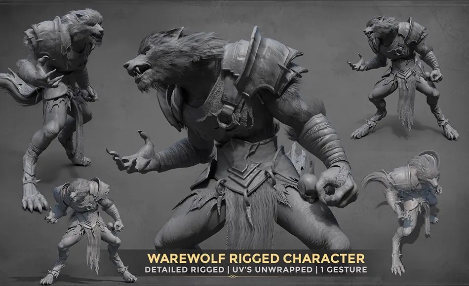 模型资产 – 奇幻狼人生物角色 Fantasy Creature | Warewolf | Bones Skinned | Alpha Map and height Map included.
