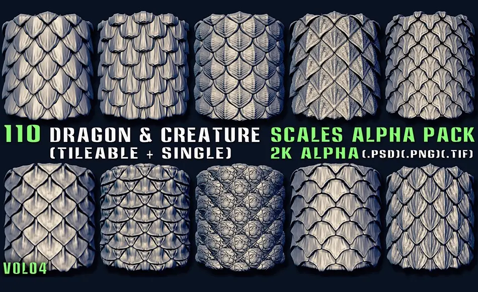 110 组龙鳞生物鳞片纹理包110 Dragon & Creature Scales Alpha Pack – Vol 04 (Tileable + Single)