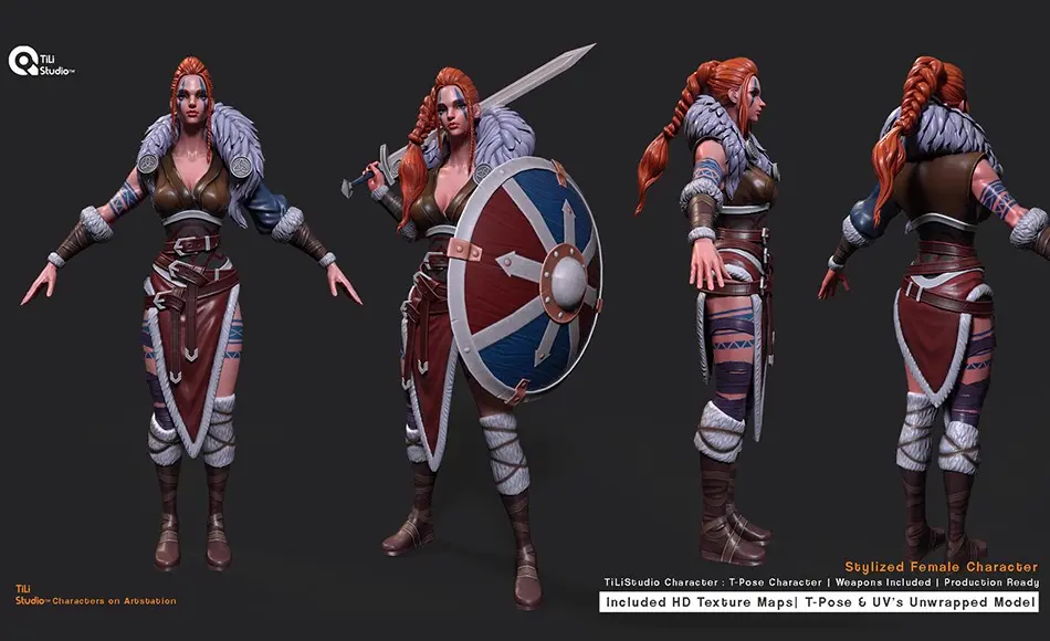 模型资产 – 风格化战士角色 Stylized Character Warrior | T-Pose | UV’s Unwrapped | HD Textures | Weapons.