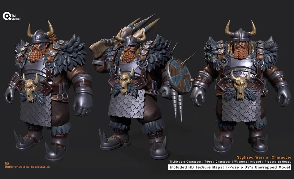 模型资产 – 风格化战士角色 Stylized Character Drawf Warrior | T-Pose | Game Ready | UV’s Unwrapped | Texture Maps