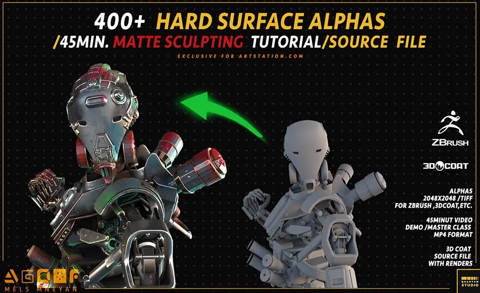 Zbrush笔刷 – 硬表面笔刷工具包 400+ HARD SURFACE ALPHAS / 45MIN. MATTE SCULPTING TUTORIAL / SOURCE FILE