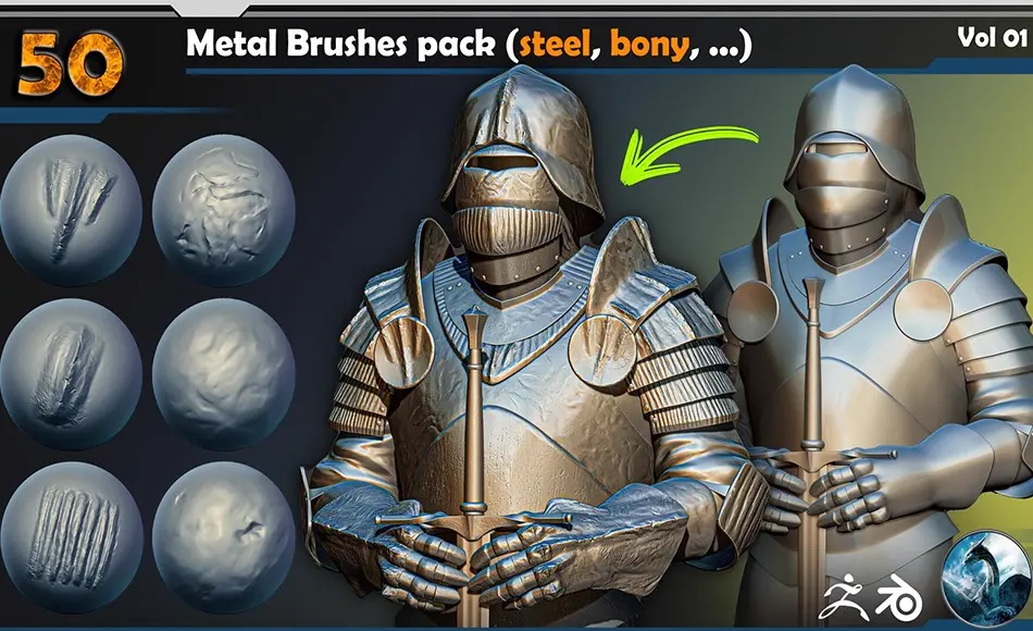 Zbrush笔刷 – 金属笔刷套装 Metal Brushes Vol 01 Zbrush笔刷 – 金属笔刷套装 Metal Brushes Vol 01