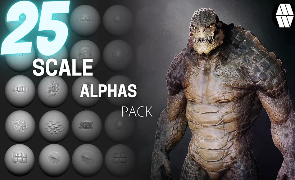 Zbrush笔刷 – 25 组真实爬行动物笔刷 25 Scale Alphas and VDM Brush – Custom made Reptile Alphas to use in ZBrush