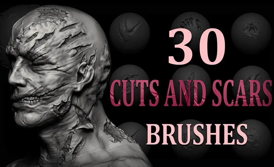ZBrush笔刷 – 30款伤口疤痕笔刷 Blender + Zbrush – 30 Cuts and Scars Brushes