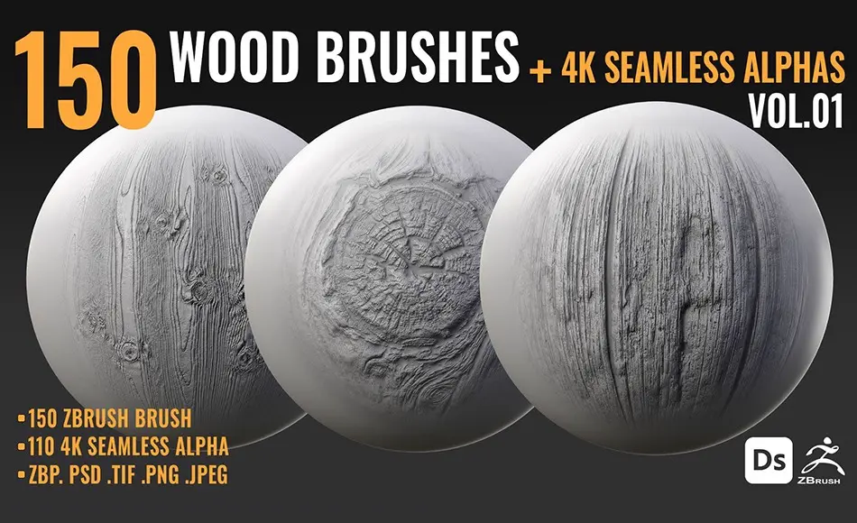 Zbrush笔刷 – 150支木纹笔刷 150 WOOD BRUSHES + 4K SEAMLESS ALPHAS – VOL 01
