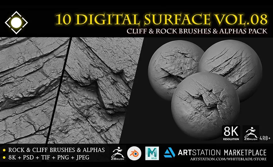 Zbrush笔刷 – 10 种岩石悬崖笔刷 10 Digital Surface Rock and Cliff Brushes