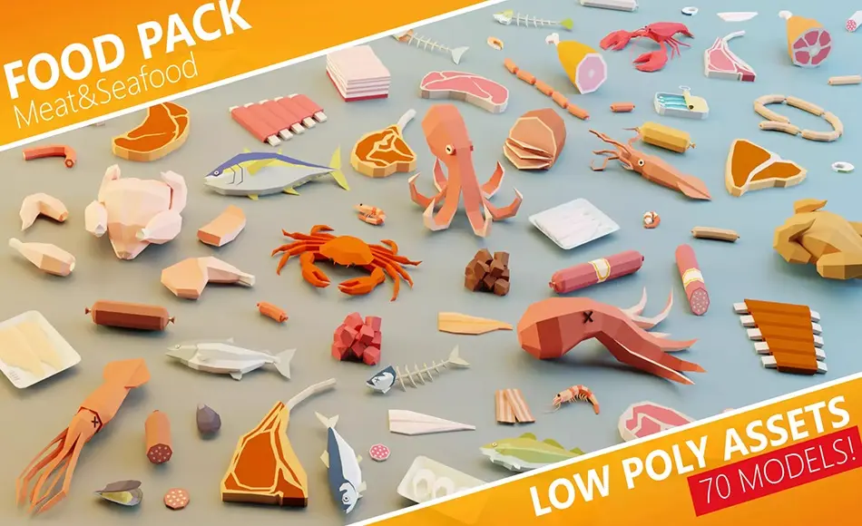Unity资产 – 风格化食品资产包 Food Pack | Low Poly Meat & Seafood