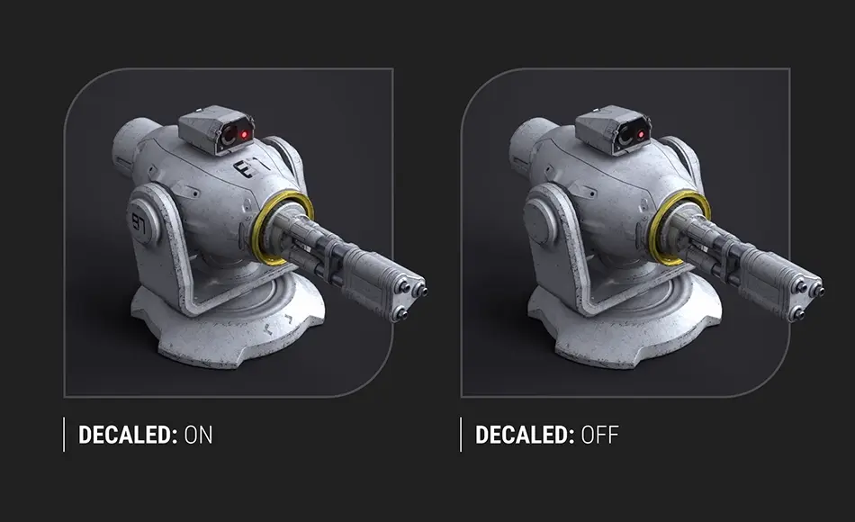 【UE5】迷你炮塔 Minigun Turret, Textures 22 + 12 black gun, with decals. And 22 + 12 non decaled