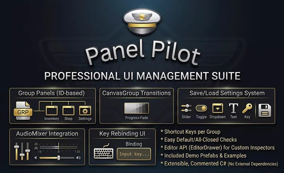 Unity插件 – 用户面板管理器 Panel Pilot – Streamlined UI Management & Settings System