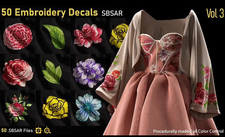 SP材质 – 50 组刺绣贴花 50-Embroidery Decals-SBSAR-Vol3