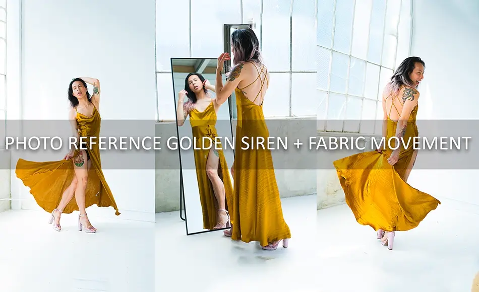900 张女性动态姿势参考照片 Golden Siren + Fabric Movement
