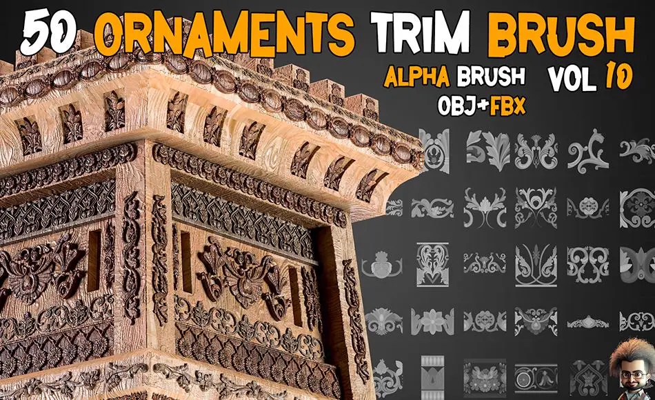 Zbrush笔刷 – 50 种装饰线条笔刷 50 Ornaments Trim Brushe – Vol 10