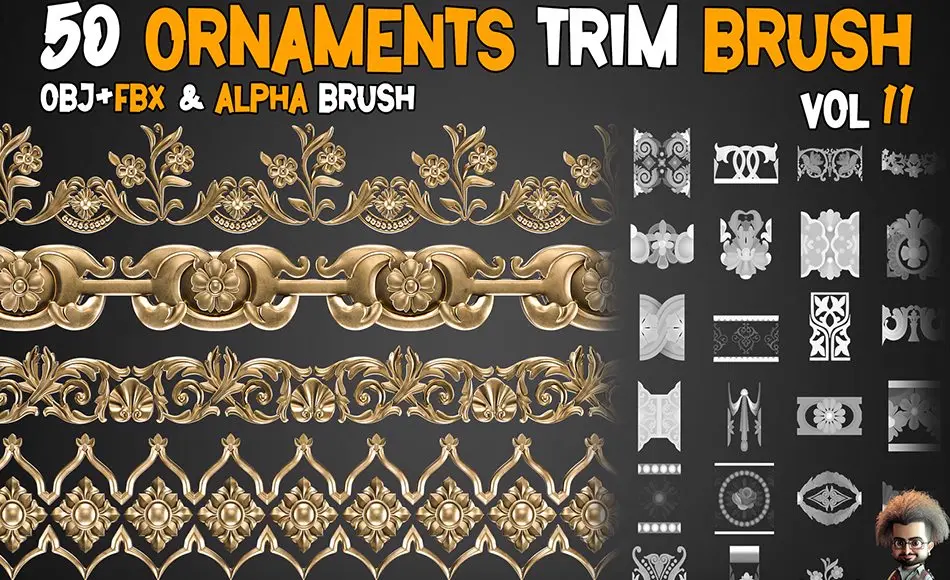 Zbrush笔刷 – 50 种装饰修剪笔刷  50 Ornaments Trim Brush – Vol 11