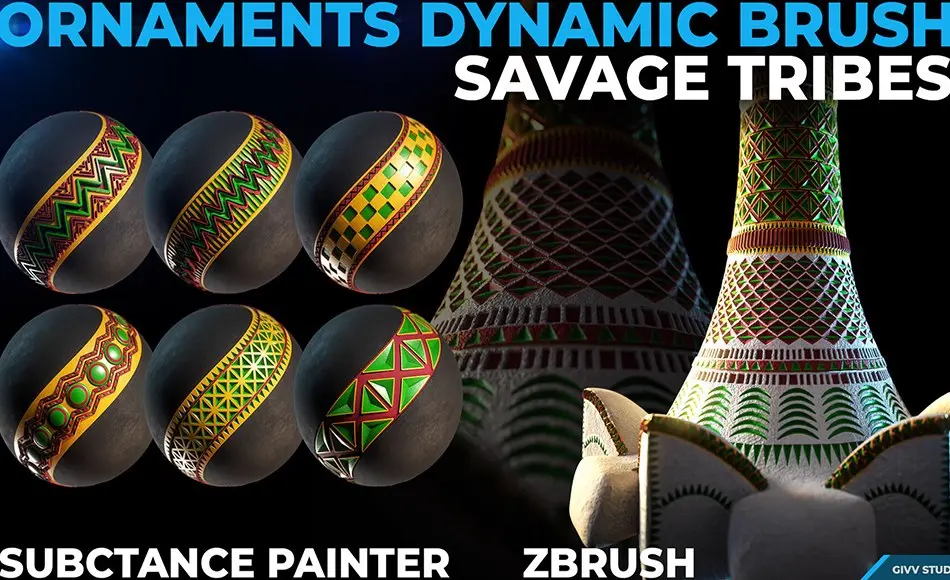 Zbrush笔刷 – 装饰动态笔刷 Ornaments Dynamic Brush Vol1 – Savage Tribes – Substance Painter + Zbrush