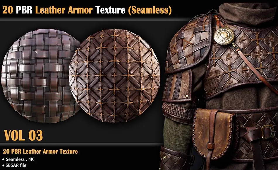 20 款皮革盔甲无缝纹理 20 PBR Leather Armor Texture /Seamless (Vol 03)