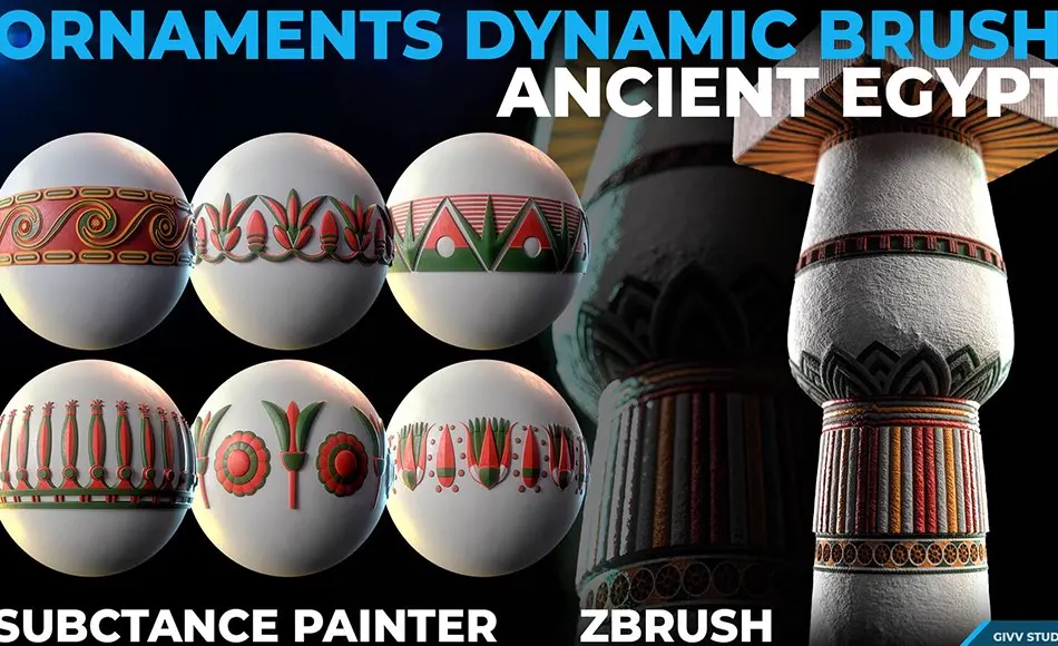 Zbrush笔刷 – 装饰动态笔刷 Ornaments Dynamic Brush Vol2 – Ancient Egypt – Substance Painter + Zbrush