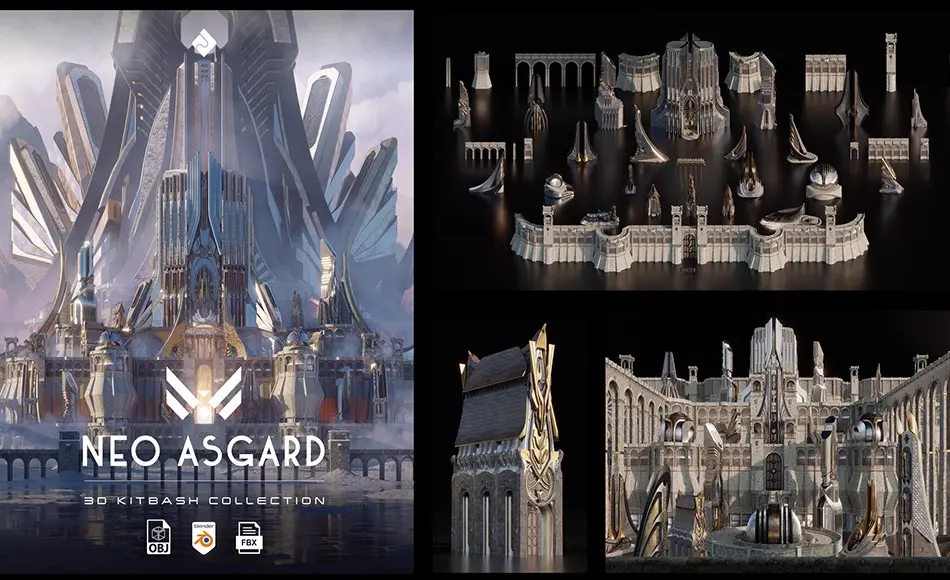 模型资产 – 北欧奇幻建筑 Neo Asgard – Nordic Fantasy Buildings And Environment 3D Asset Kitbash Pack Blender