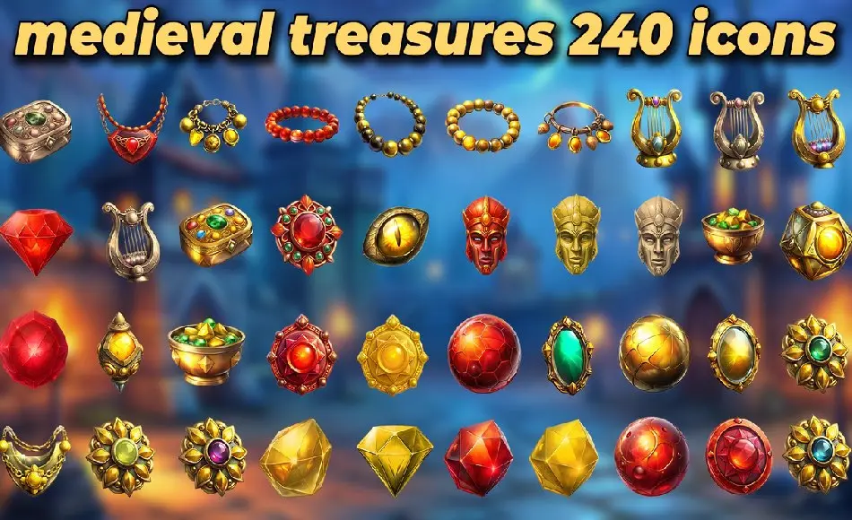 【UE5】宝藏图标游戏素材 240 2D Treasures Icons Hoard Jewels Game Assets