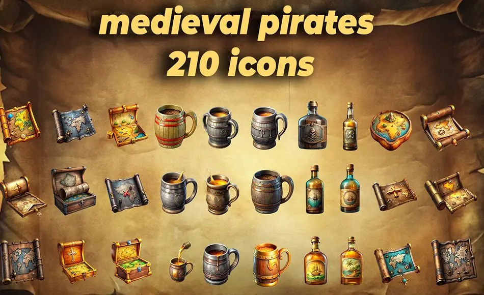 【UE5】中世纪物品图标游戏素材 210 Medieval Item Icons Pirates 2D Game Assets