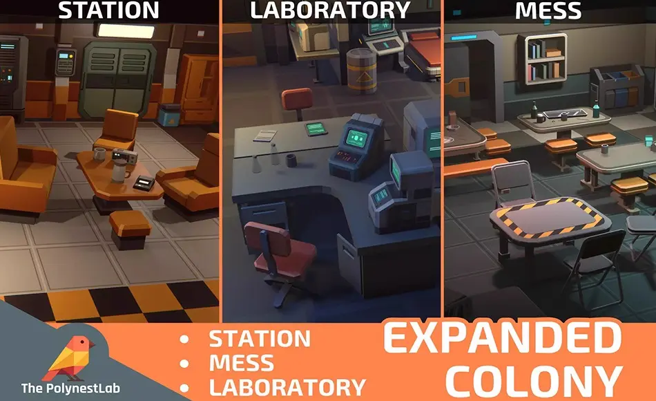 Unity场景 – 风格化科幻室内资产包 Sci-Fi Low Poly Interior Bundle: Expanded Colony (3-in-1) | Cosmic Retro