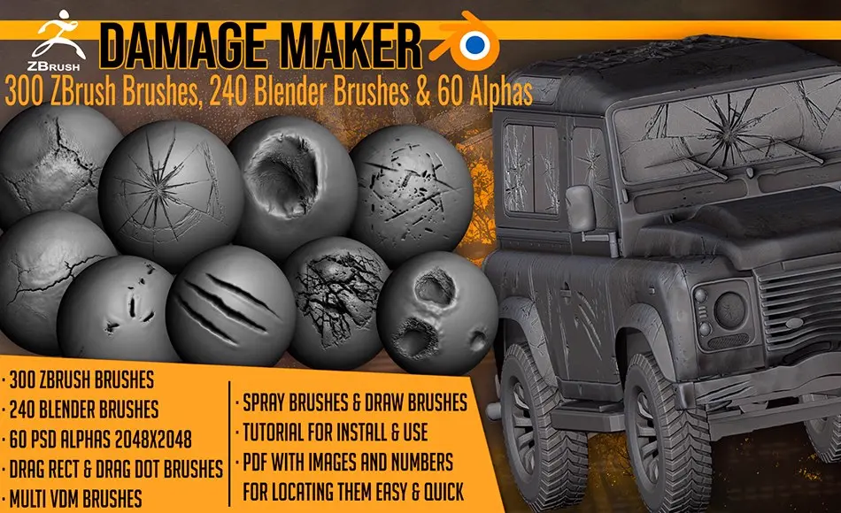 Zbrush笔刷 – 裂缝笔刷 Damage Maker: 300 ZBrush Brushes, 240 Blender Brushes & 60 Alphas