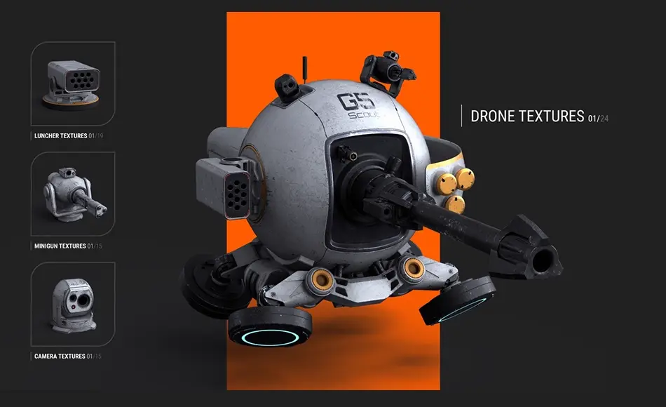 【UE5】球形无人机及道具 Sphere Drone plus props, 24 textures sets