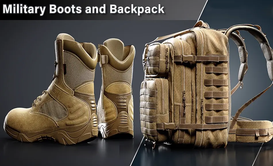 3Dmax教程 – 写实军靴背包创作全流程 Military Boots and Backpack / 3D Model + Full Tutorial