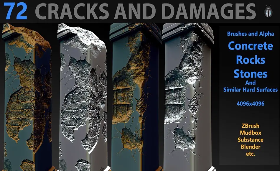 Zbrush笔刷 – 裂缝破损笔刷 Cracks And Damages 4K Brushes and Alpha Pack