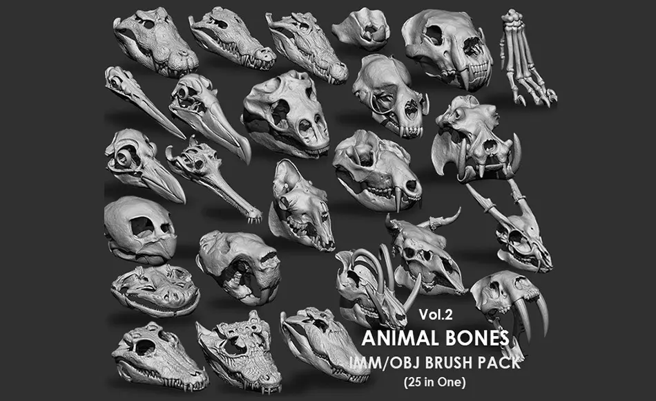 模型资产 – 动物头骨骨骼模型 Animal Bones Collection IMM/Stl/Obj Brush Pack 25 in One Vol.2