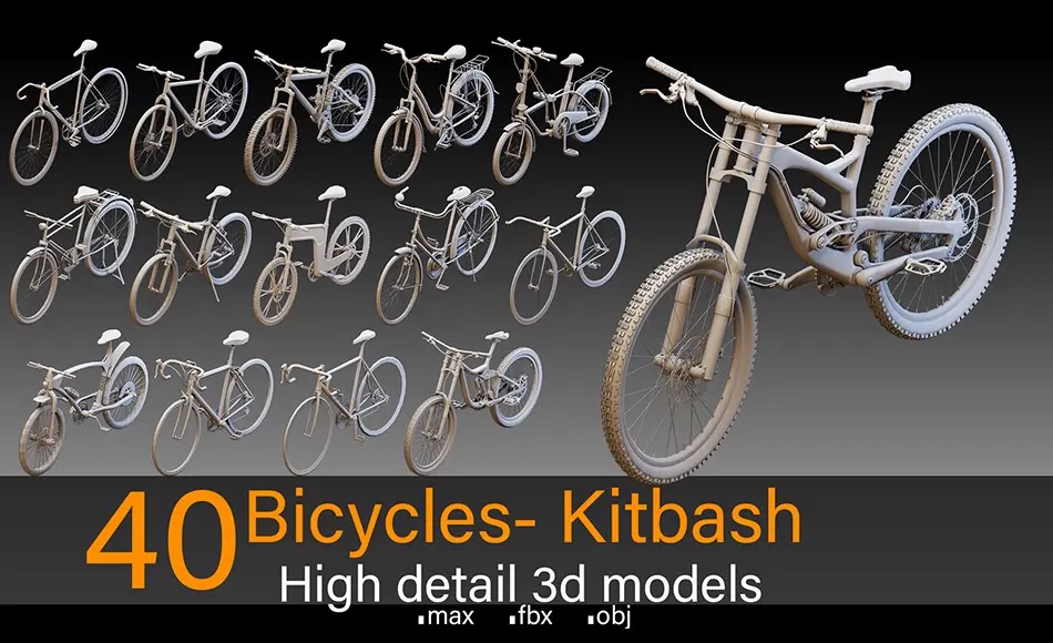 模型资产 – 40 辆高细节自行车模型 40 Bicycles- Kitbash- High detail 3d models
