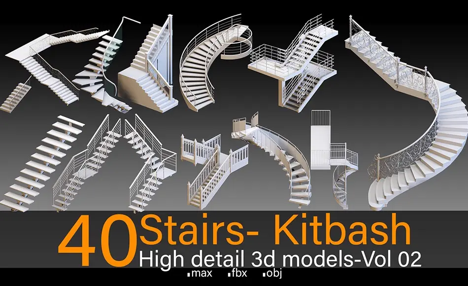 模型资产 – 40 个高细节楼梯模型 40 Stairs- Vol 02- Kitbash- High detail 3d models