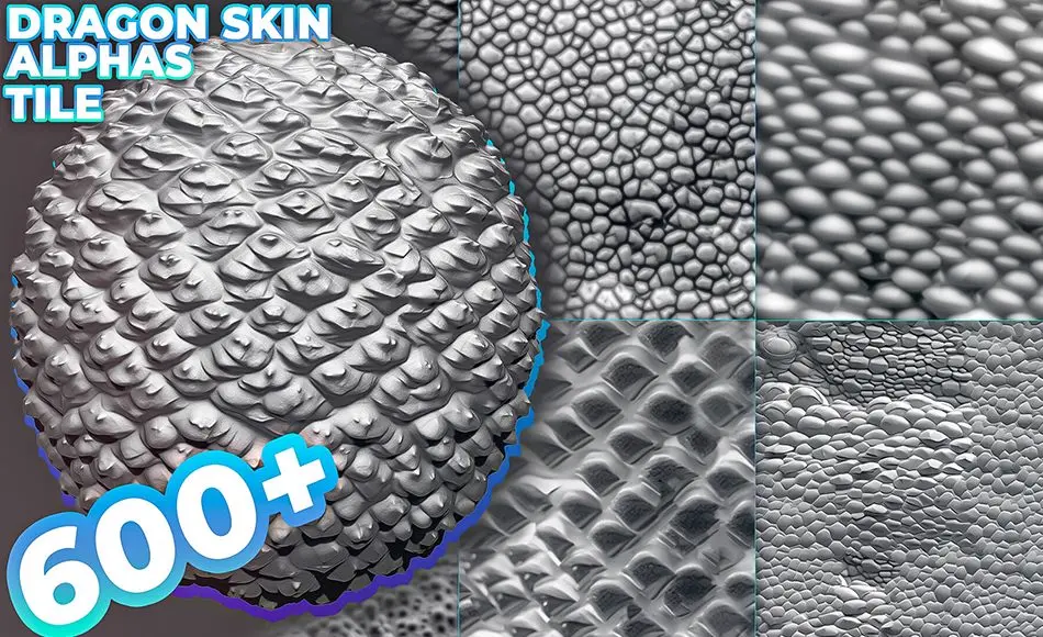 600 张爬行动物纹理贴图 600+ Reptile, Dragon, Snake Skin Alphas for ZBrush (Displacement map) vol.3