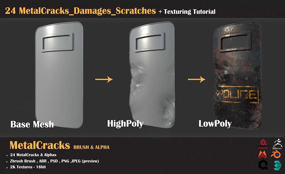 Zbrush笔刷 – 金属裂纹划痕笔刷 24 MetalCracks_Damages_Scratches+Texturing Tutorial Zbrush笔刷 – 金属裂纹划痕笔刷 24 MetalCracks_Damages_Scratches+Texturing Tutorial