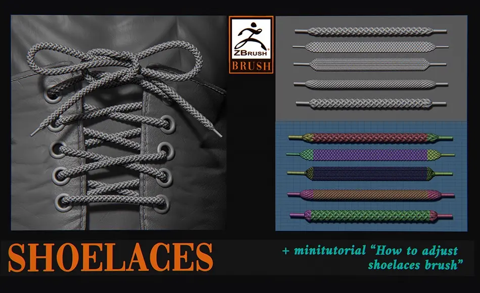ZBrush笔刷 – 鞋带笔刷预设 Shoelaces brush For ZBrush