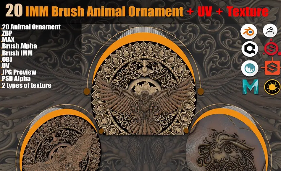 Zbrush笔刷 – 20 组动物装饰笔刷 + PBR纹理 20 IMM Brush Animal Ornament + PBR Texture ( 2 types ) + UV