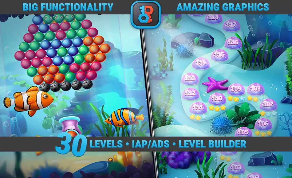 Unity开发 – 水下泡泡糖游戏开发模板 MK Bubble Shooter Kit • Underwater Pop Game Template