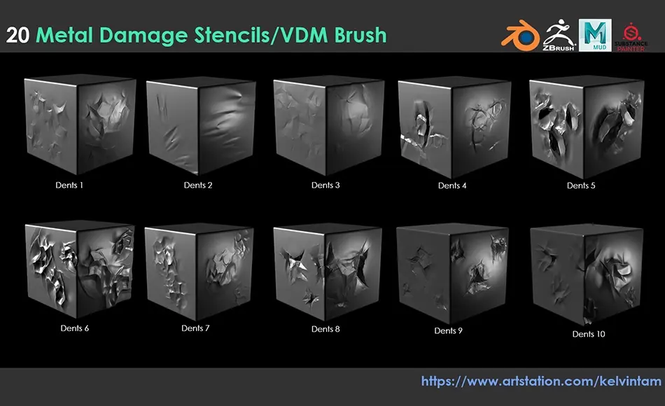 Zbrush笔刷 – 金属损伤笔刷 20 Metal Damage Stencils/VDM Brushes(Pack1) Zbrush笔刷 – 金属损伤笔刷 20 Metal Damage Stencils/VDM Brushes(Pack1)