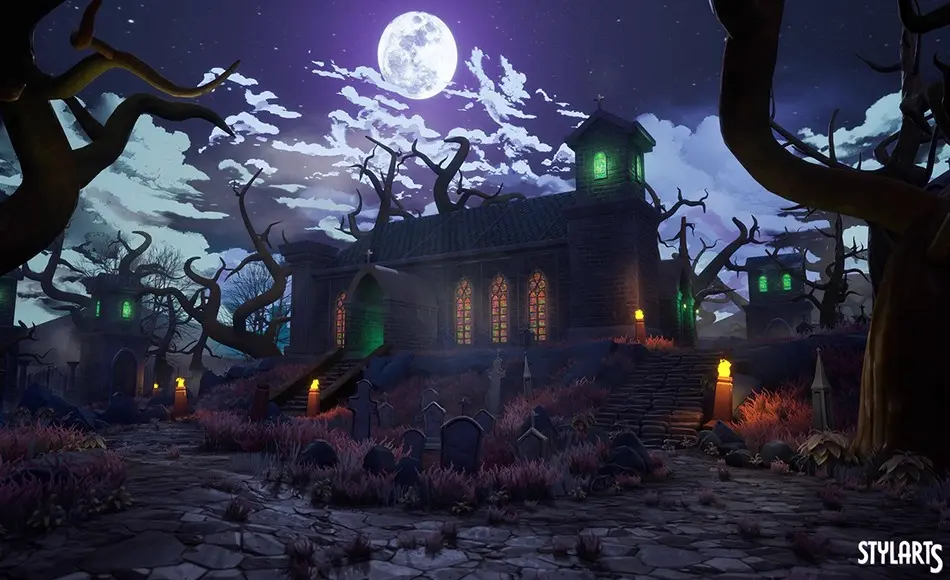 【UE5】风格化阴森墓地和地穴 Stylized Spooky Cemetery & Crypt
