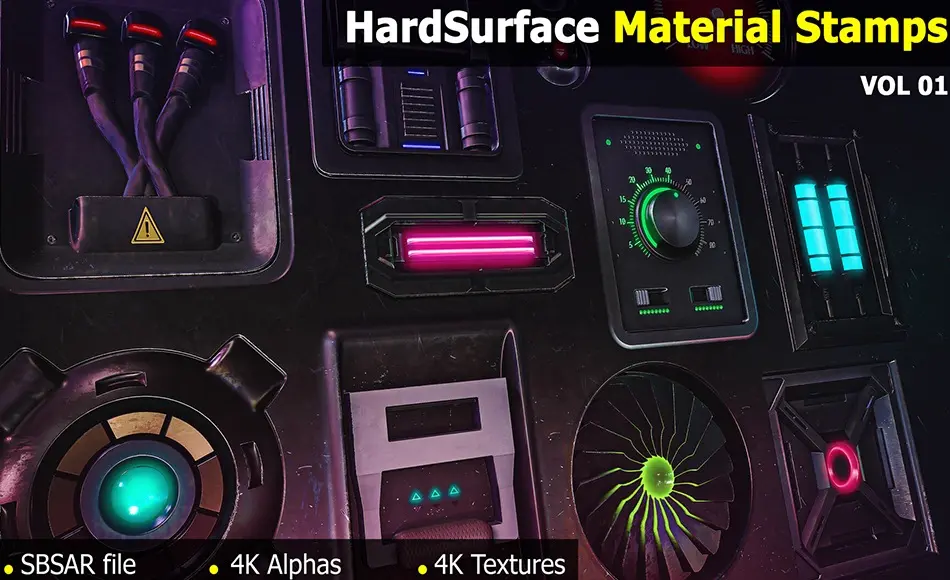 15 款硬表面自发光材质 15 HardSurface Material Stamps – Emissive HardSurfaces -4k Textures & Alphas 15 款硬表面自发光材质 15 HardSurface Material Stamps – Emissive HardSurfaces -4k Textures & Alphas