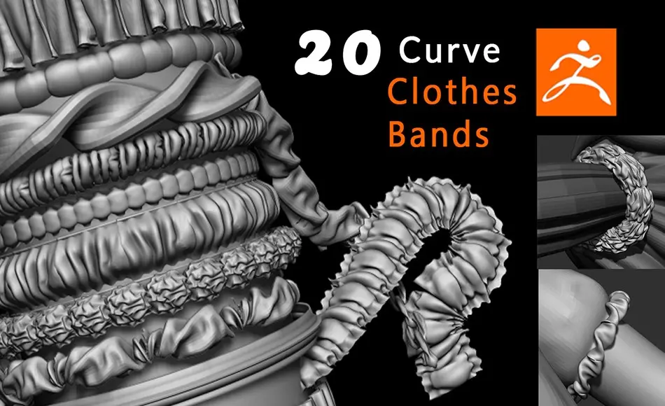 ZBrush笔刷 – 衣服褶皱曲线笔刷素材 Clothes Bands Curve Brushes