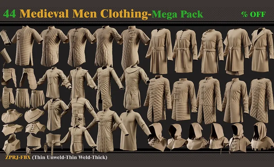 模型资产 – 45 款中世纪男士服装 45 Medieval Men Clothing-MEGA PACK(zprj-fbx)- VOL 4